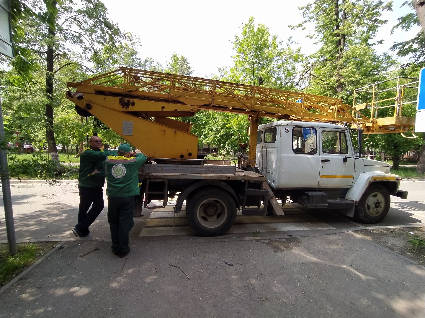 Спил, арборист, деревья, автовышка