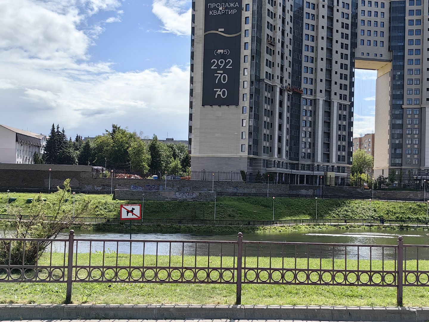 Собака, выгул, табличка, набережная, намордник