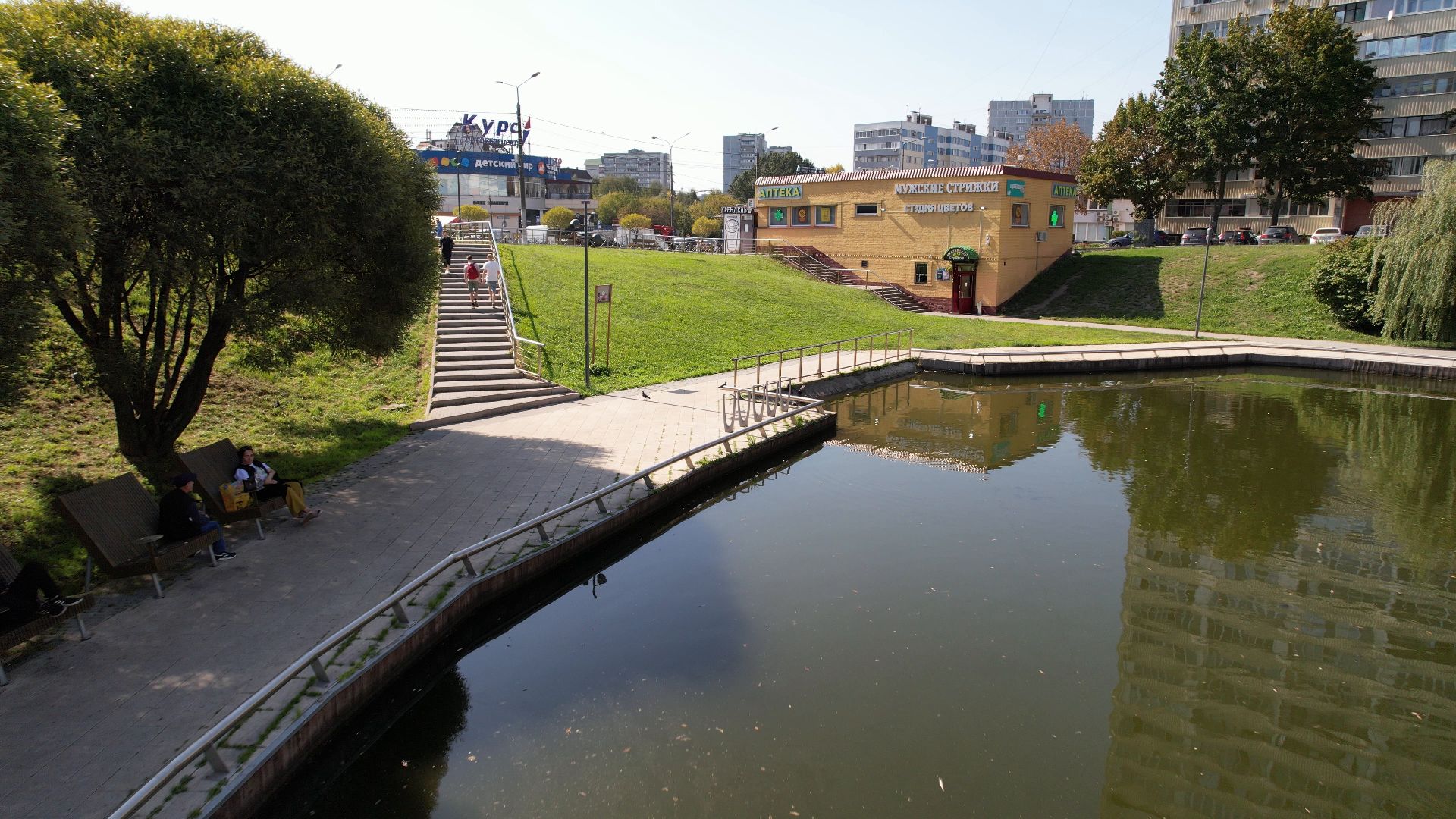 видное, благоустройство, пруд,видео с коптера,