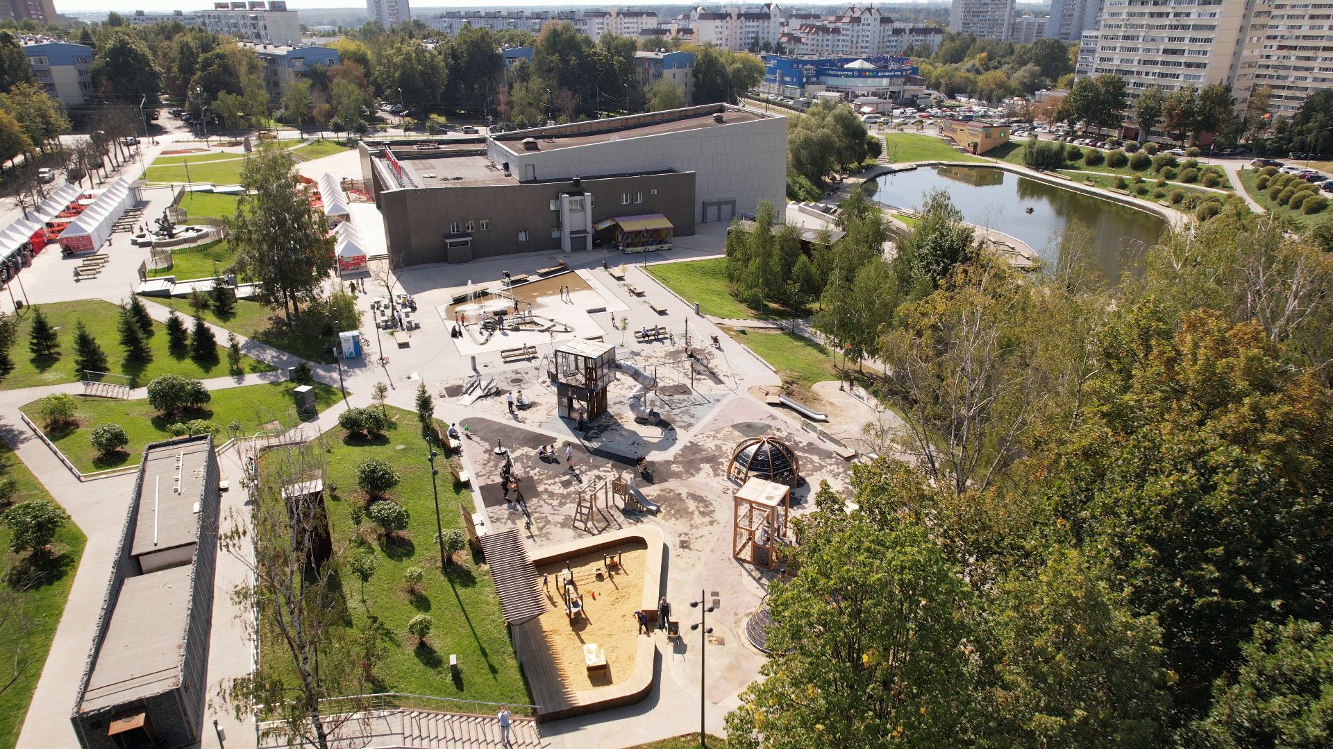 видное, благоустройство, пруд,видео с коптера,