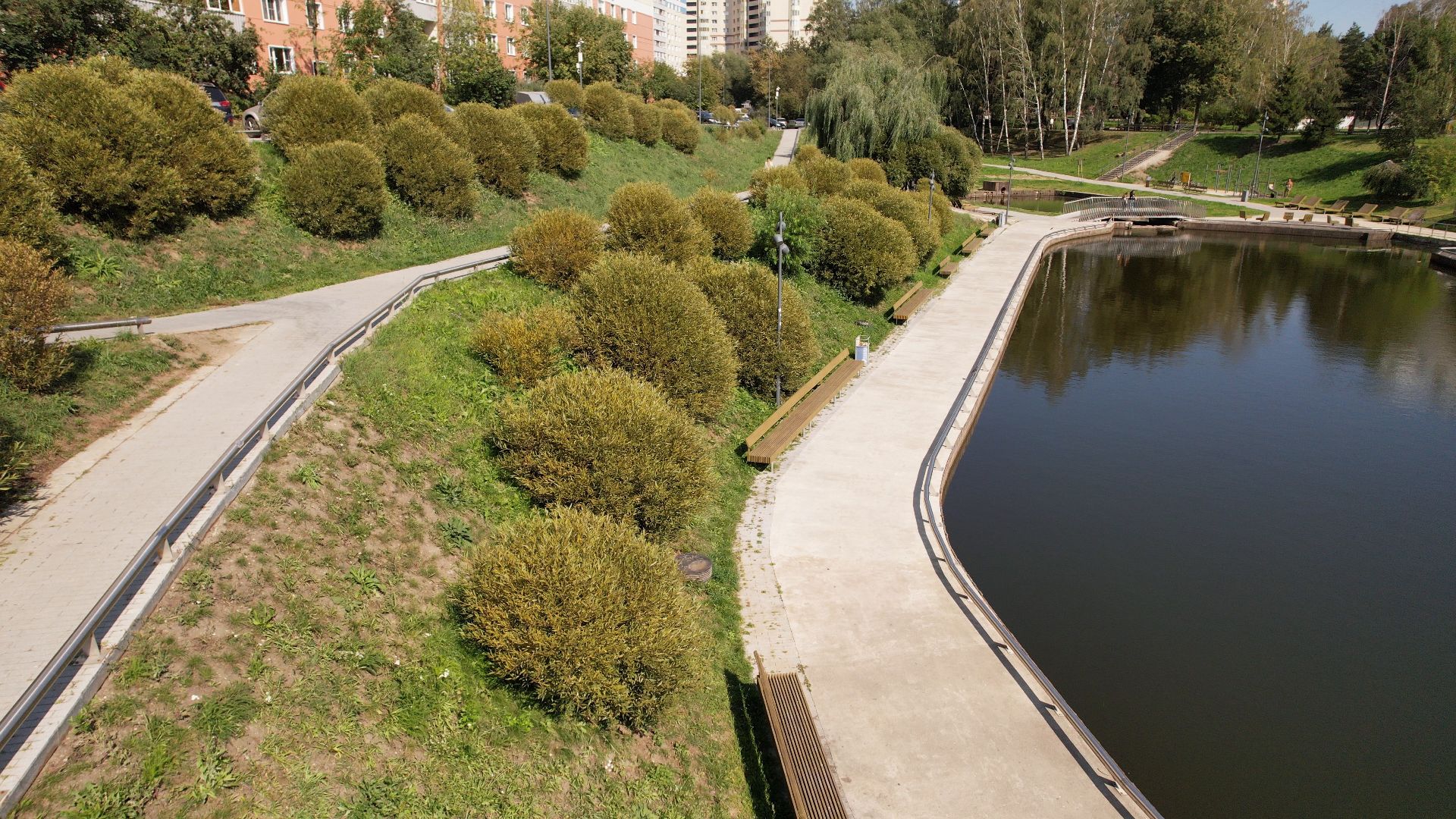 видное, благоустройство, пруд,видео с коптера,