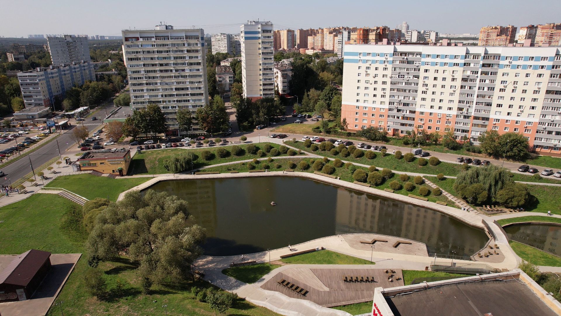 видное, благоустройство, пруд,видео с коптера,