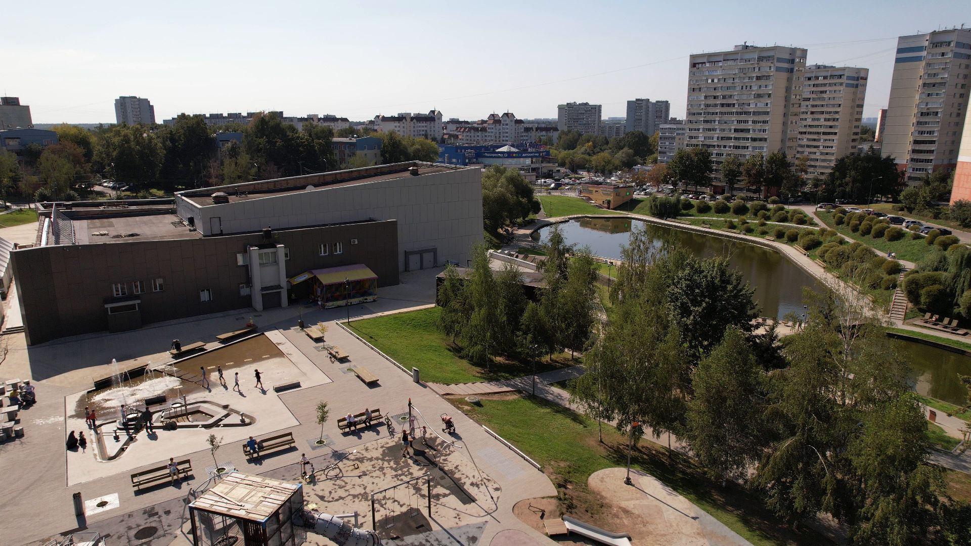 видное, благоустройство, пруд,видео с коптера,