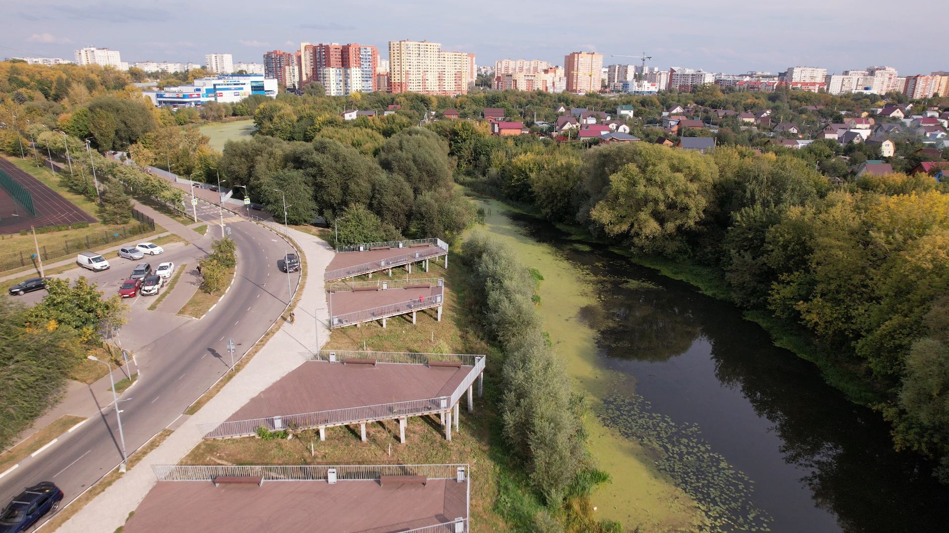 жуковский, благоустройство, набережная,видео с коптера,
