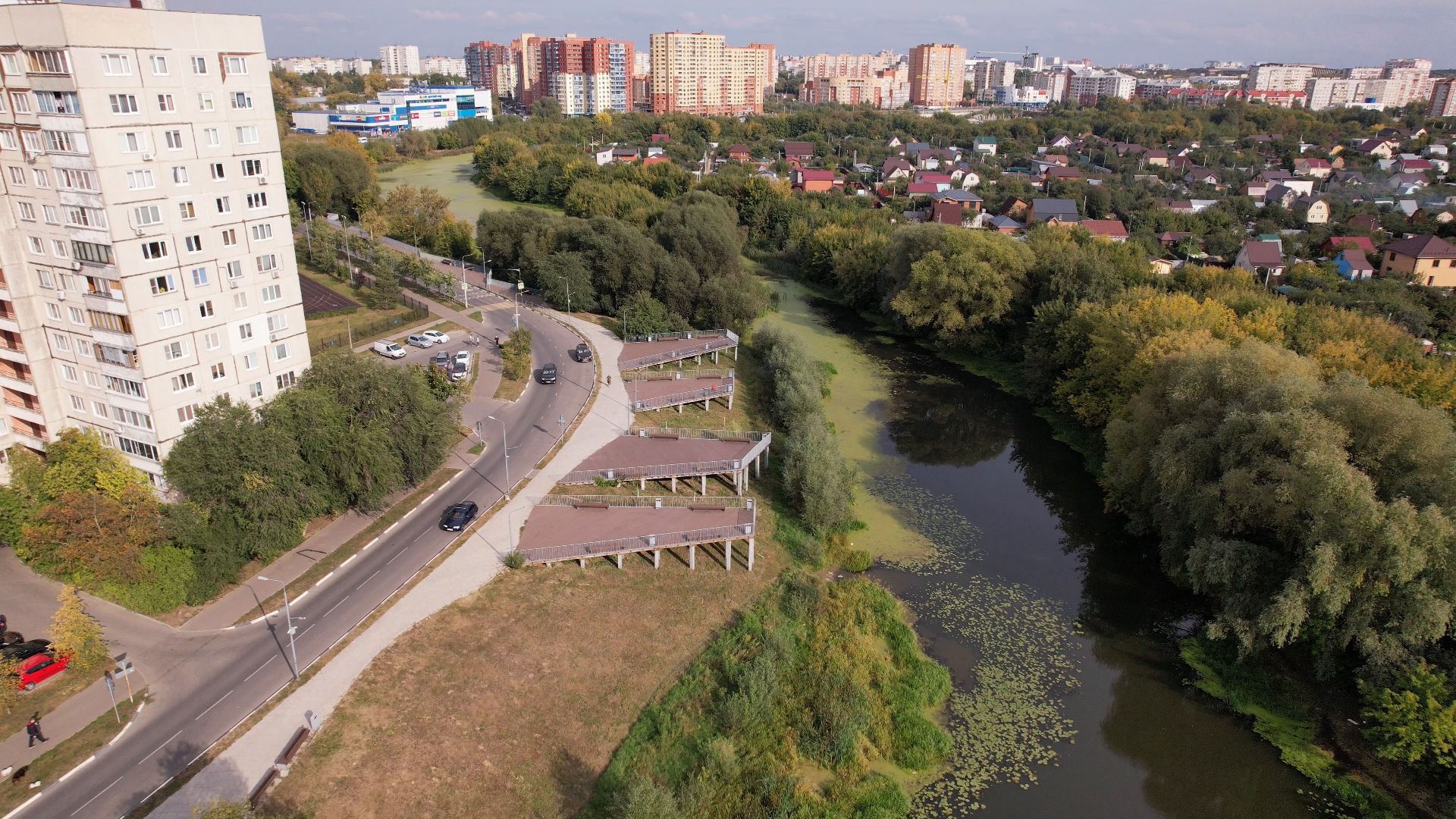 жуковский, благоустройство, набережная,видео с коптера,
