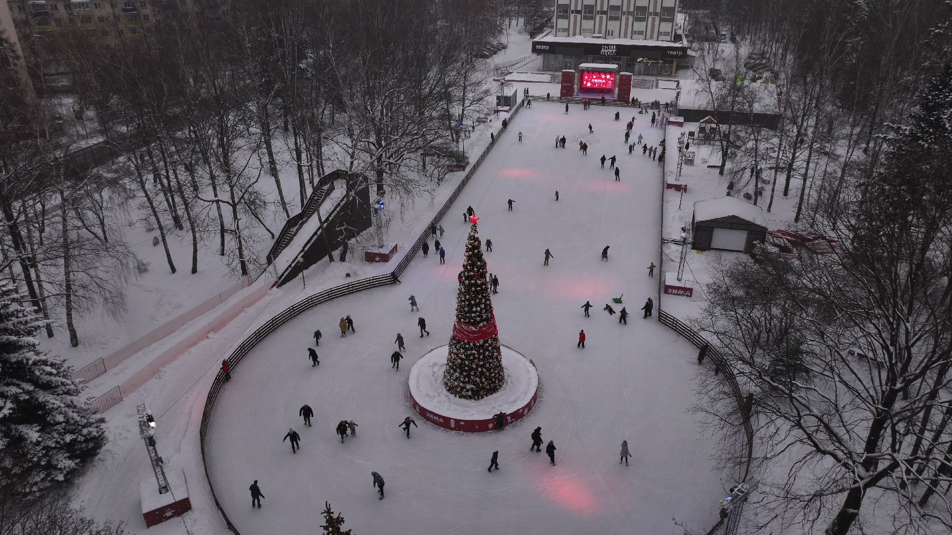 видео с коптера, химки, благоустройство, зима в подмосковье,