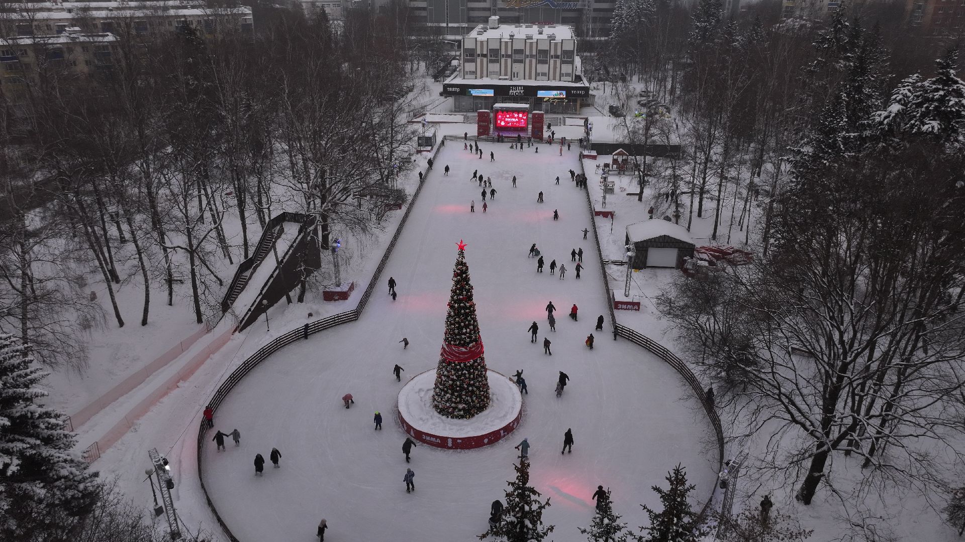 видео с коптера, химки, благоустройство, зима в подмосковье,