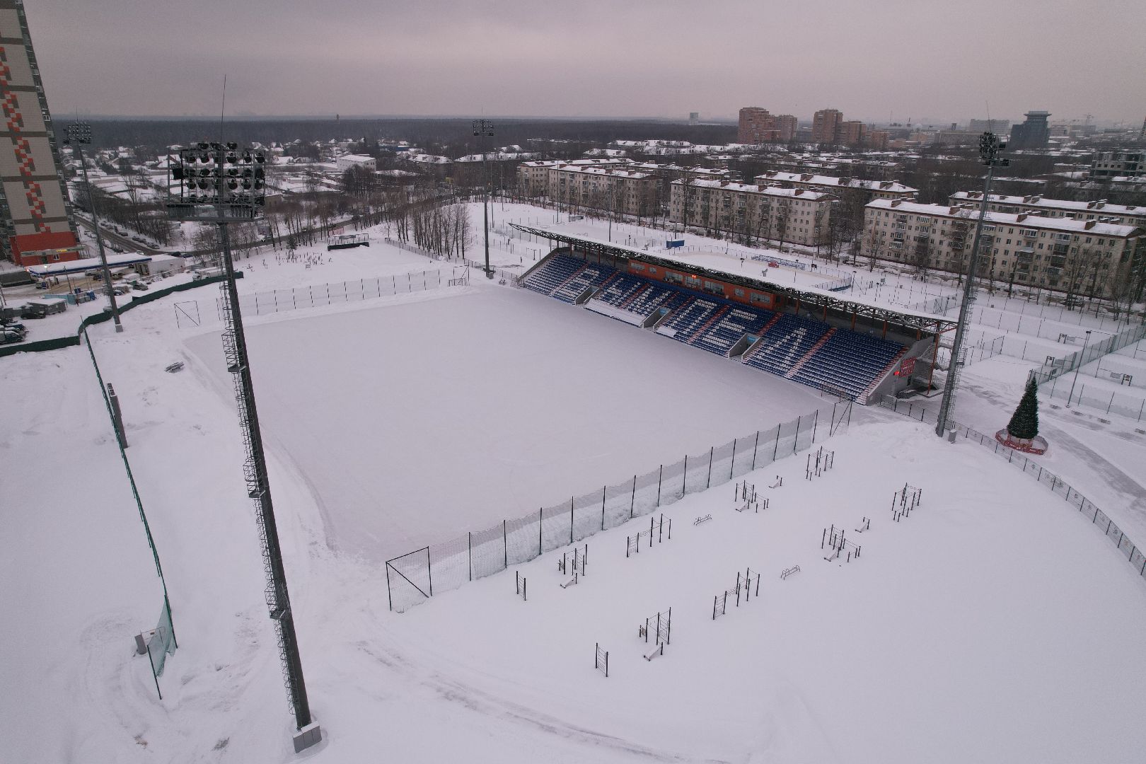 видео с коптера, королёв, стадион,