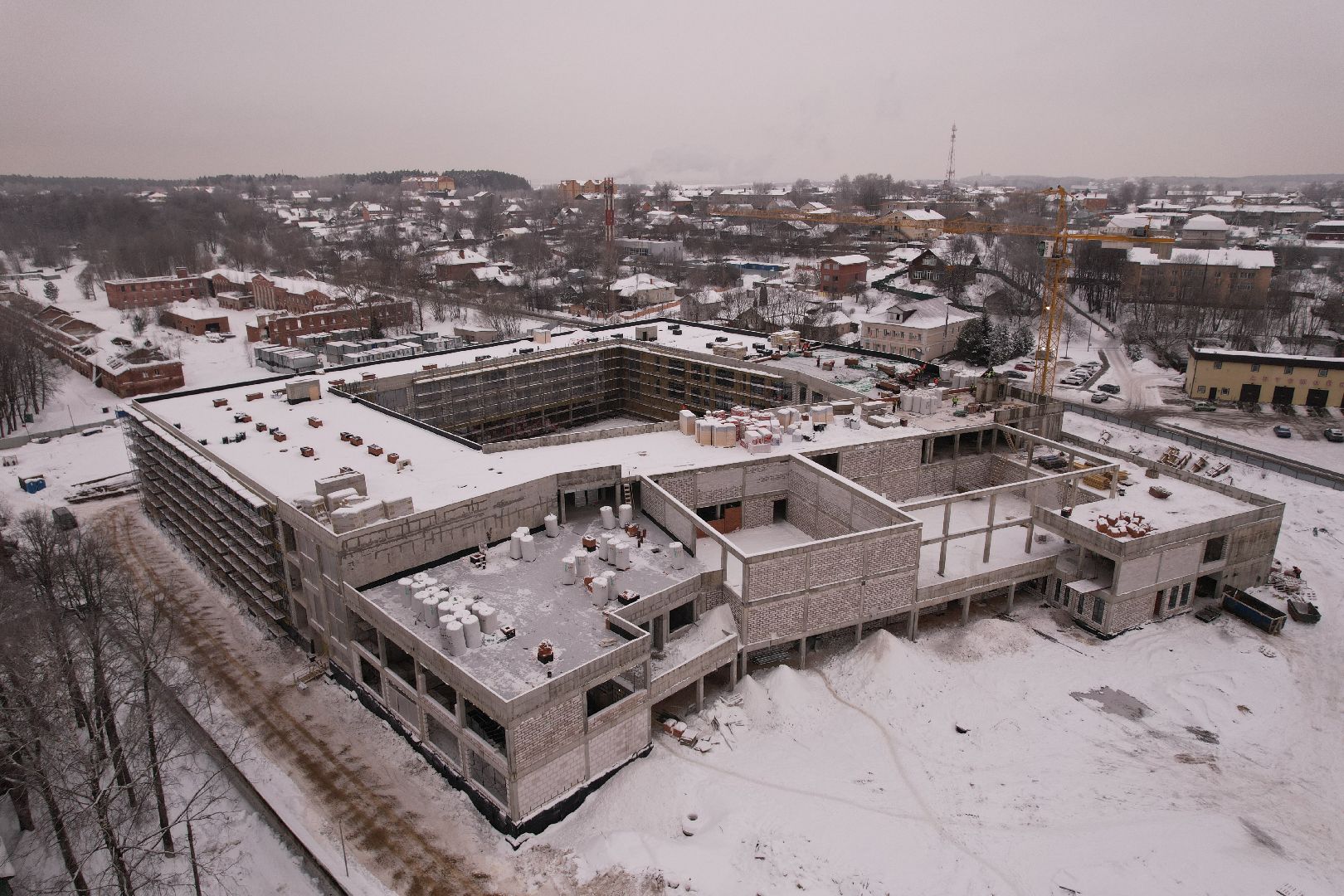 видео с коптера, школа, строительство,