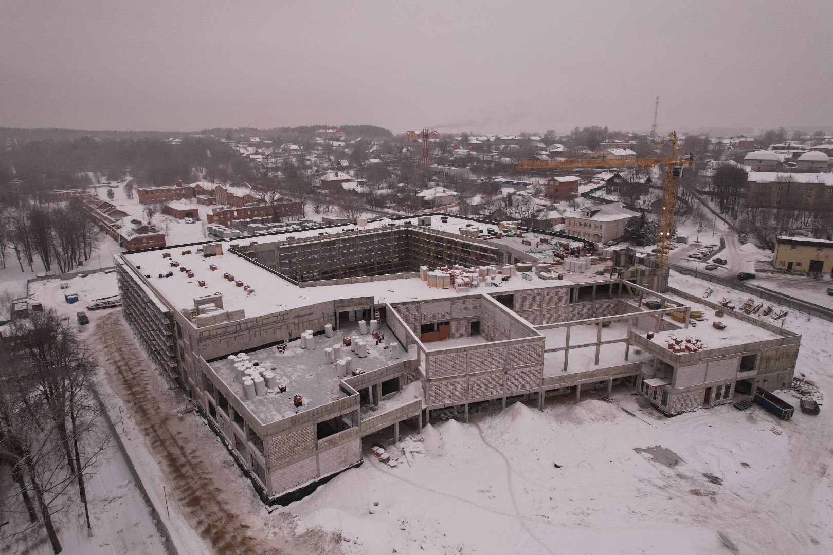 видео с коптера, школа, строительство,