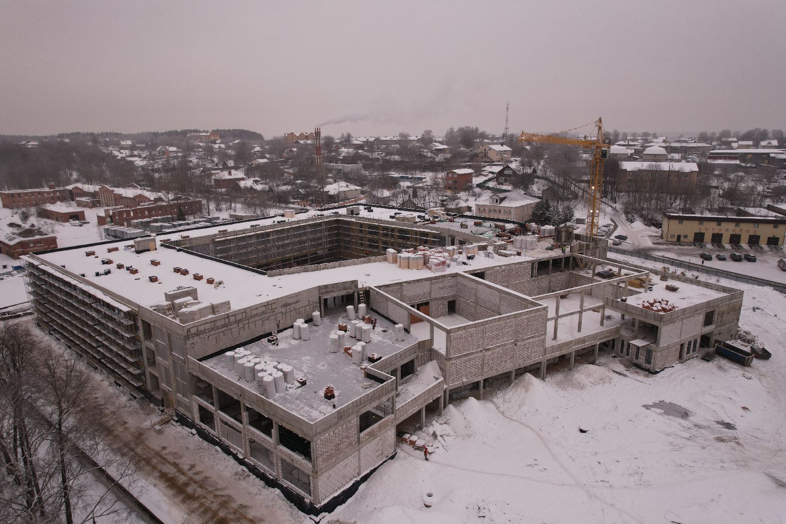 видео с коптера, школа, строительство,