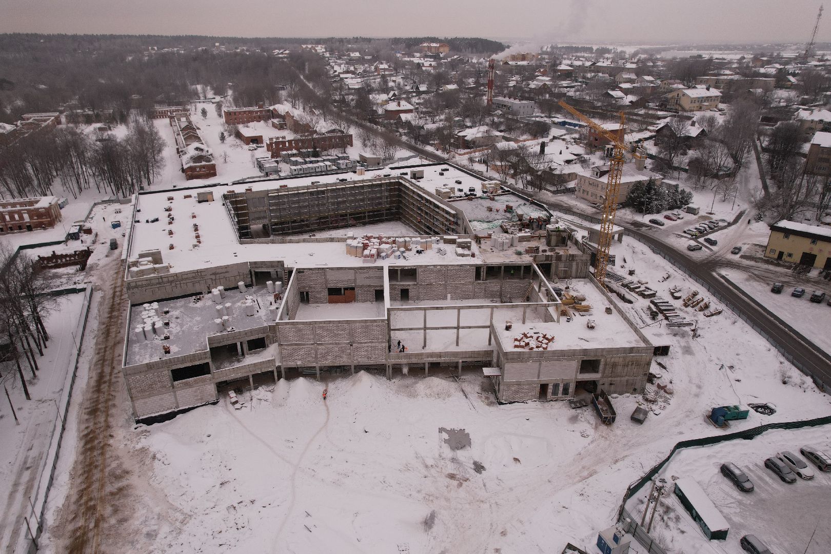 видео с коптера, школа, строительство,