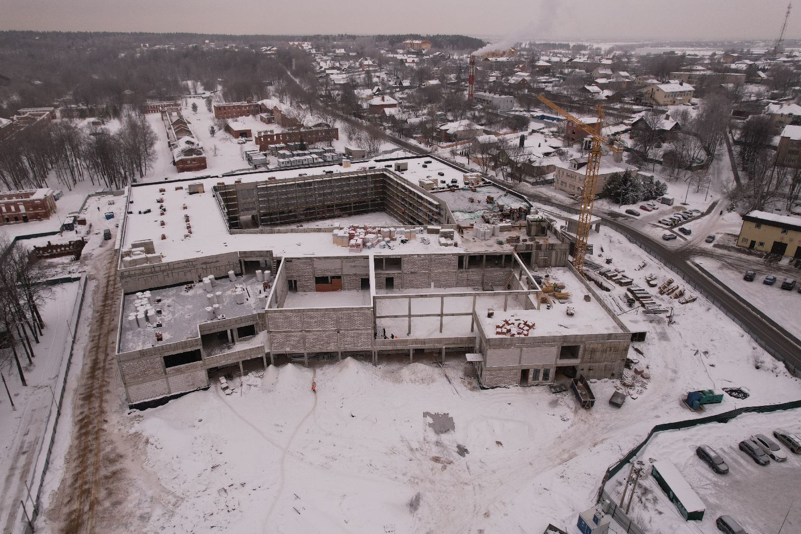 видео с коптера, школа, строительство,