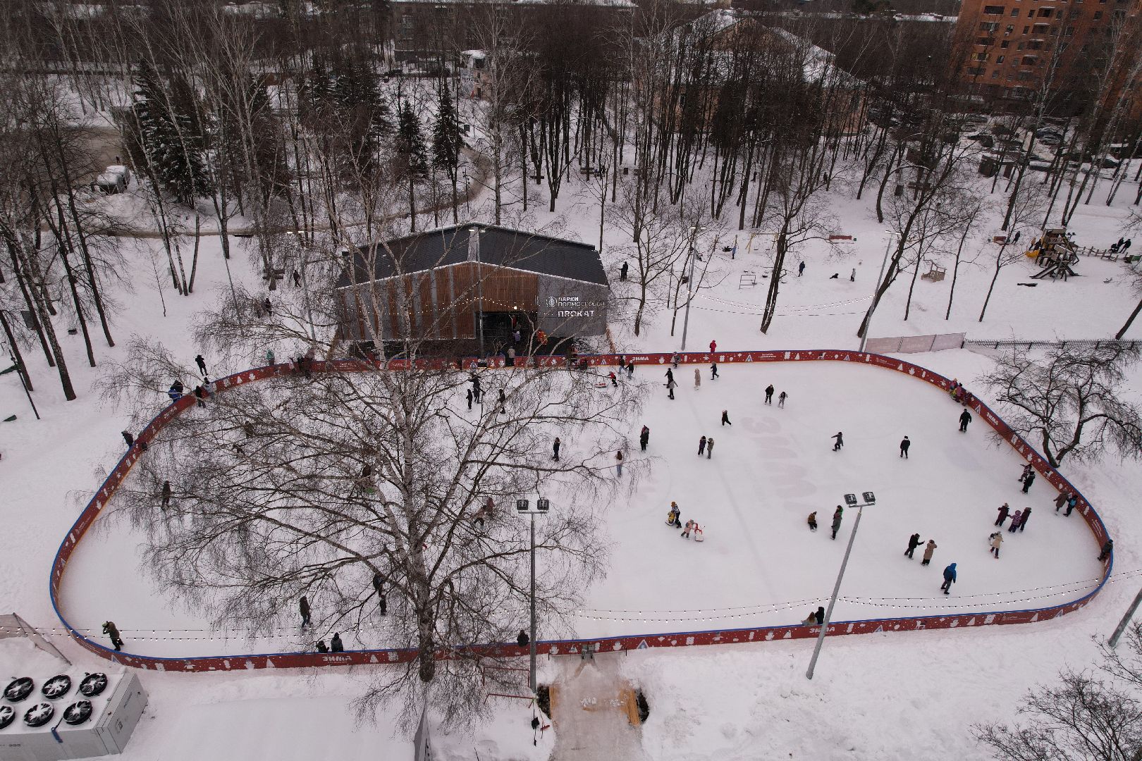 видео с коптера, каток, благоустройство, пушкино, зима в подмосковье,