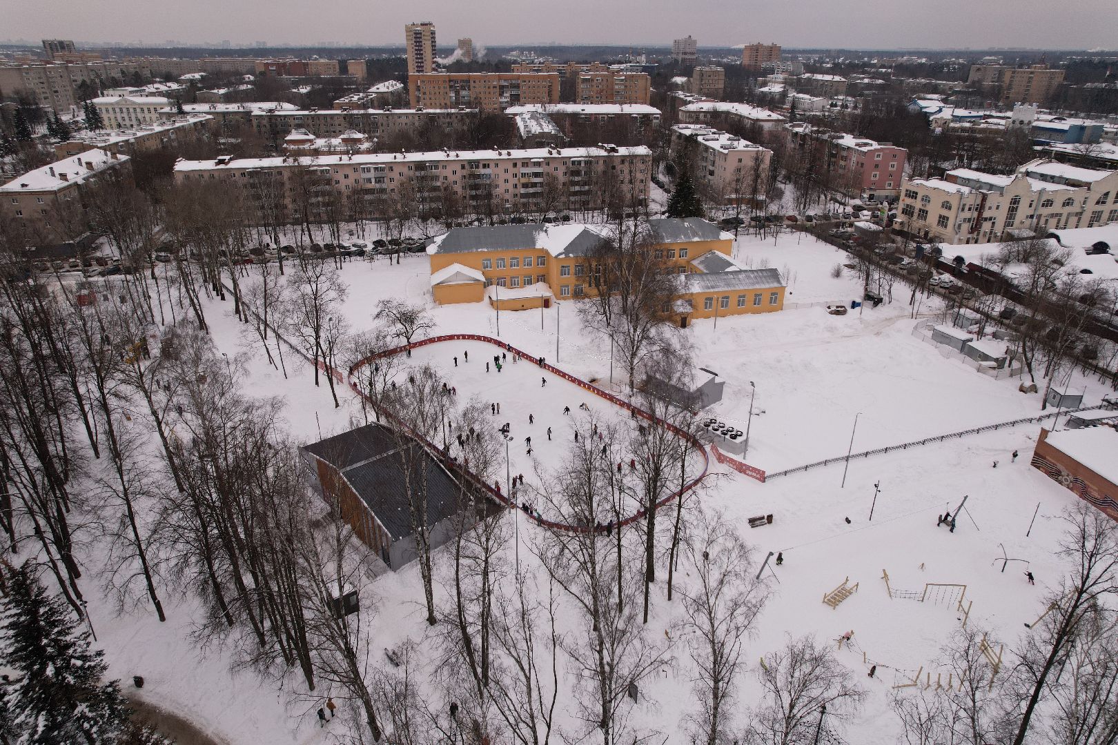 видео с коптера, каток, благоустройство, пушкино, зима в подмосковье,