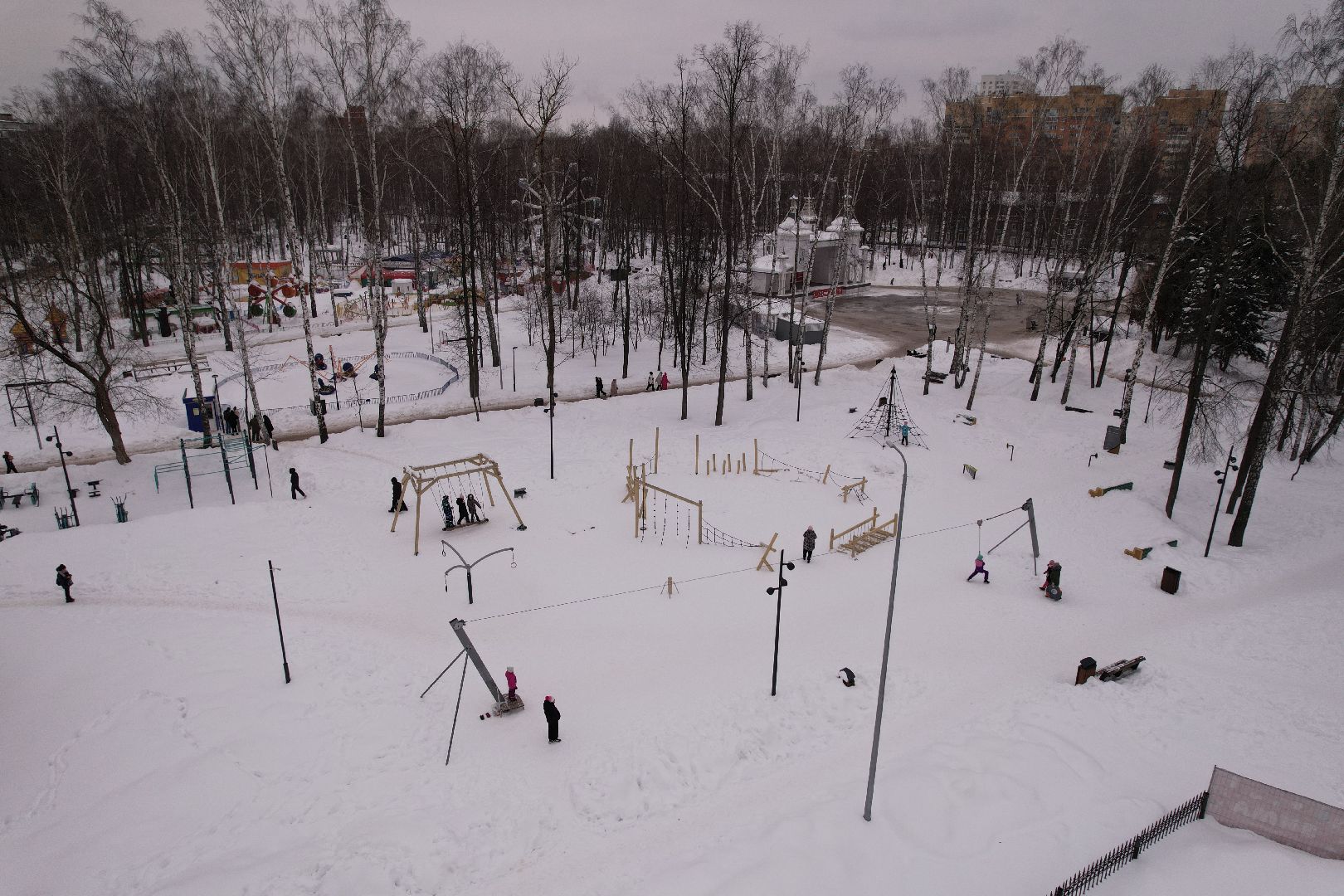 видео с коптера, каток, благоустройство, пушкино, зима в подмосковье,