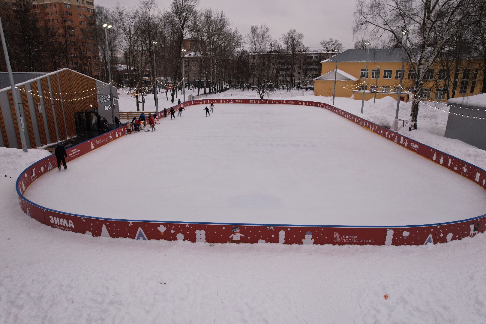 видео с коптера, каток, благоустройство, пушкино, зима в подмосковье,