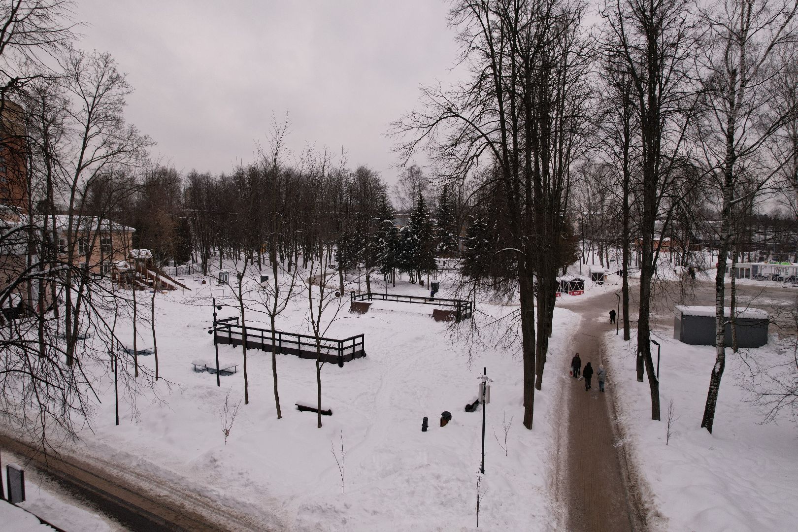 видео с коптера, каток, благоустройство, пушкино, зима в подмосковье,