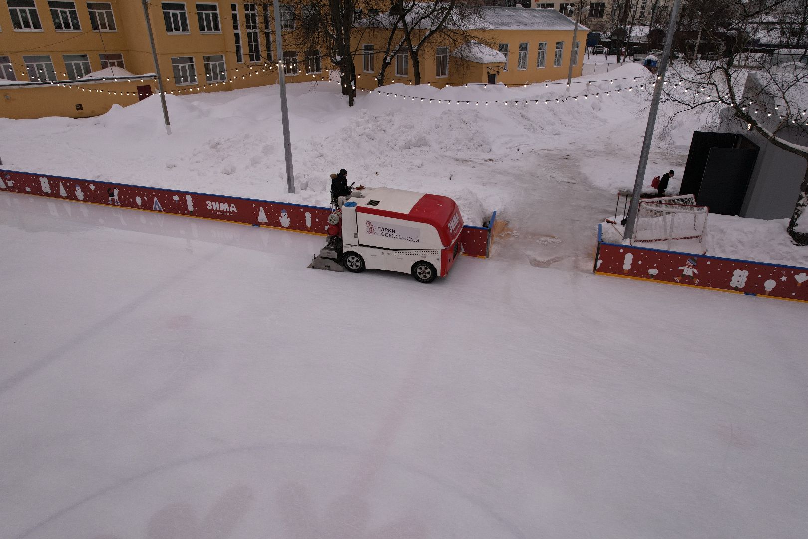 видео с коптера, каток, благоустройство, пушкино, зима в подмосковье,