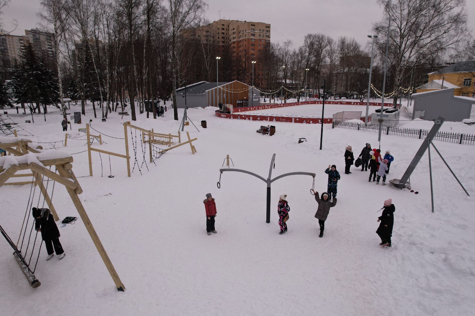 видео с коптера, каток, благоустройство, пушкино, зима в подмосковье,