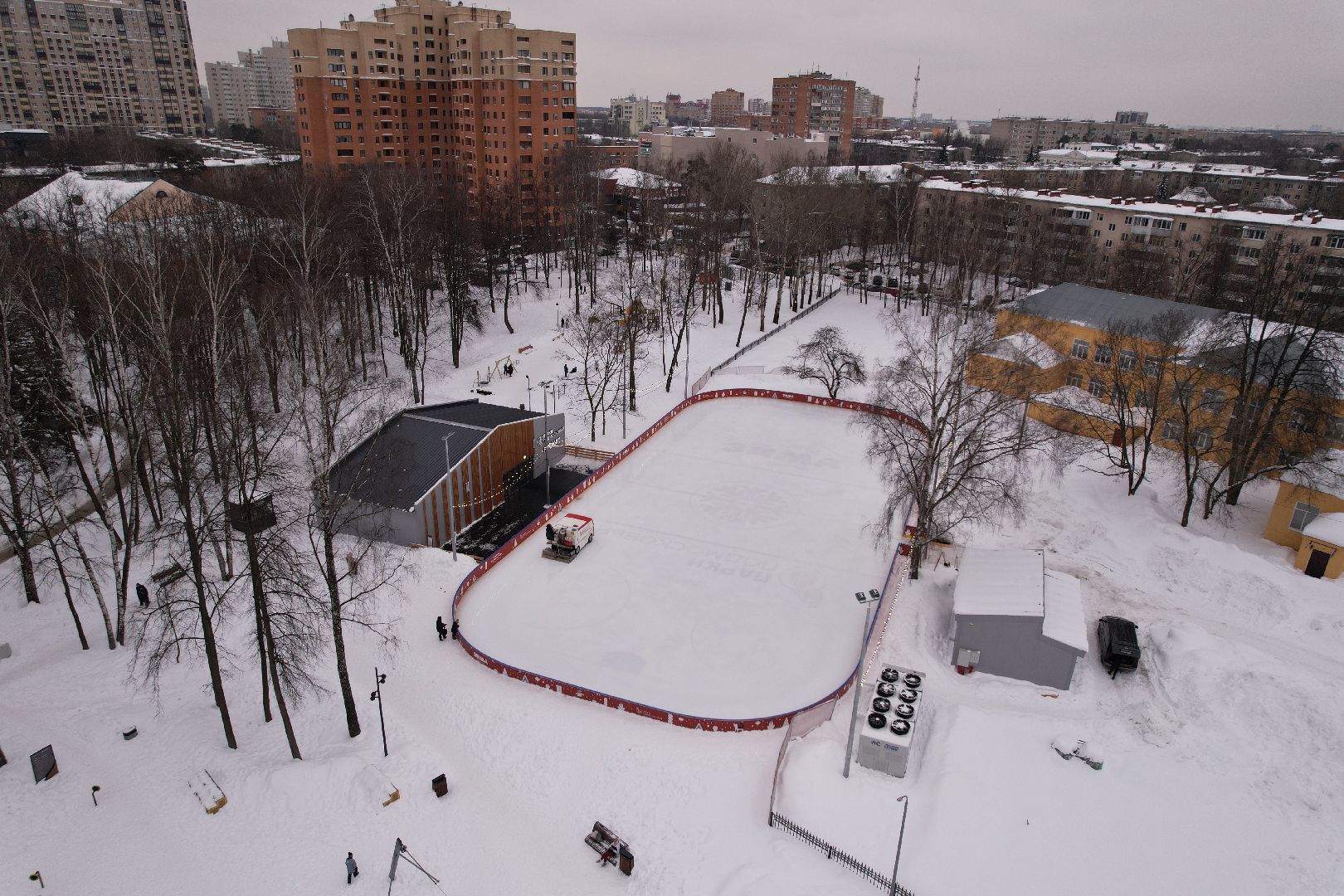 видео с коптера, каток, благоустройство, пушкино, зима в подмосковье,