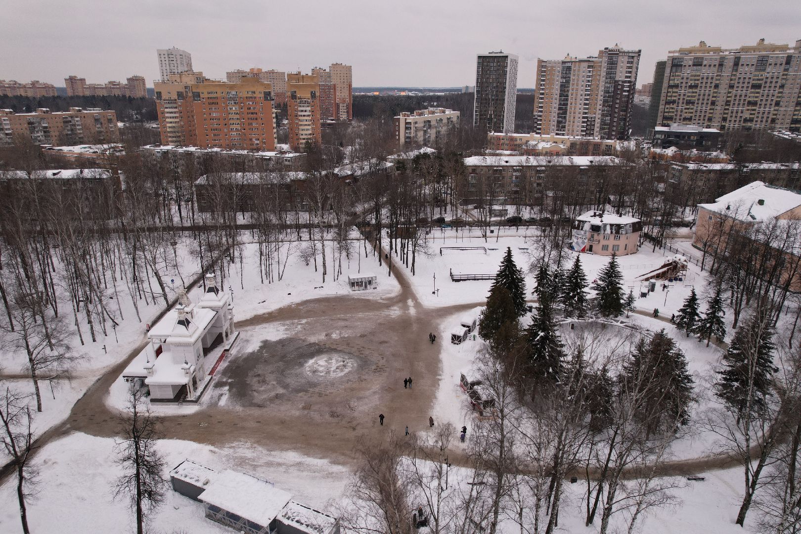 видео с коптера, каток, благоустройство, пушкино, зима в подмосковье,