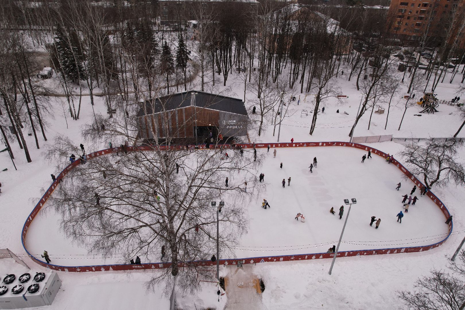 видео с коптера, каток, благоустройство, пушкино, зима в подмосковье,