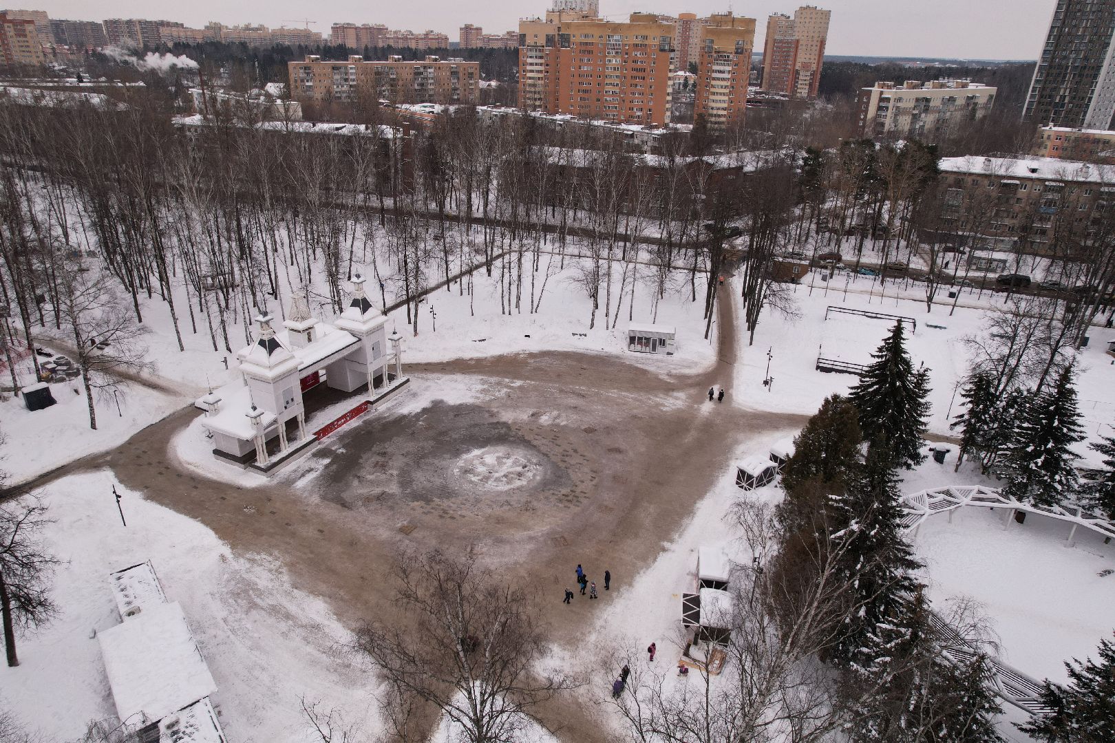 видео с коптера, каток, благоустройство, пушкино, зима в подмосковье,