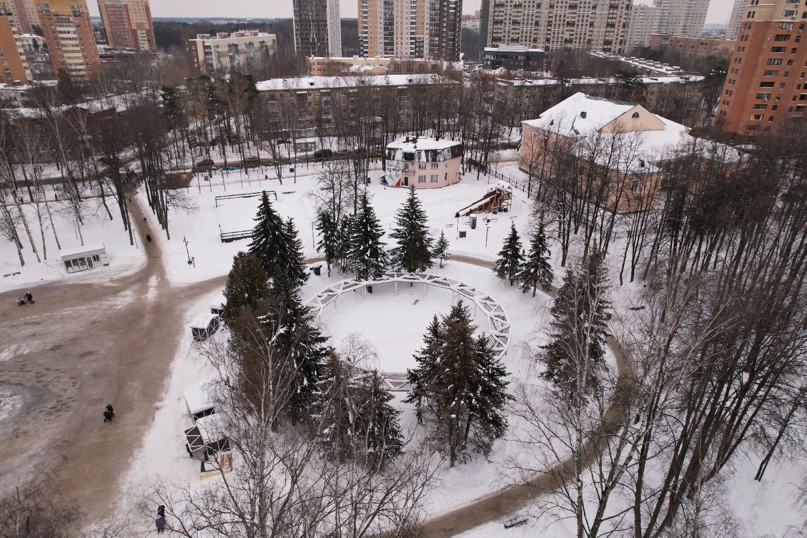видео с коптера, каток, благоустройство, пушкино, зима в подмосковье,