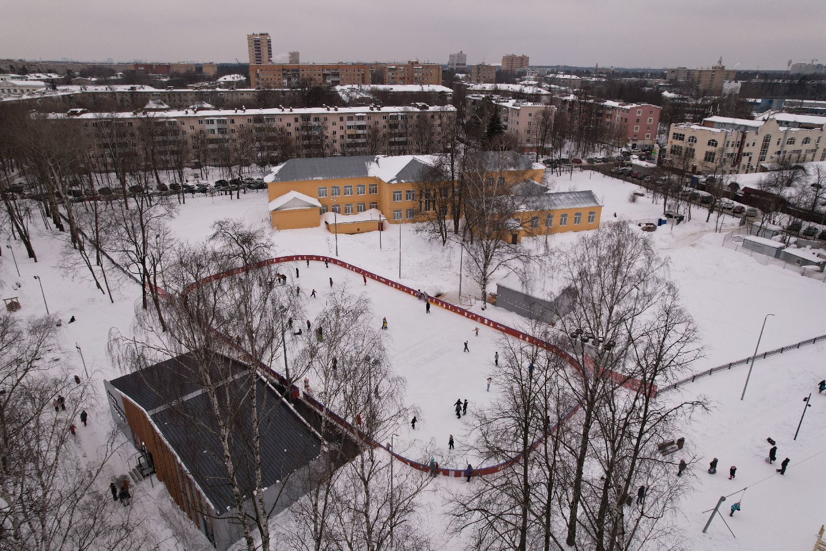 видео с коптера, каток, благоустройство, пушкино, зима в подмосковье,