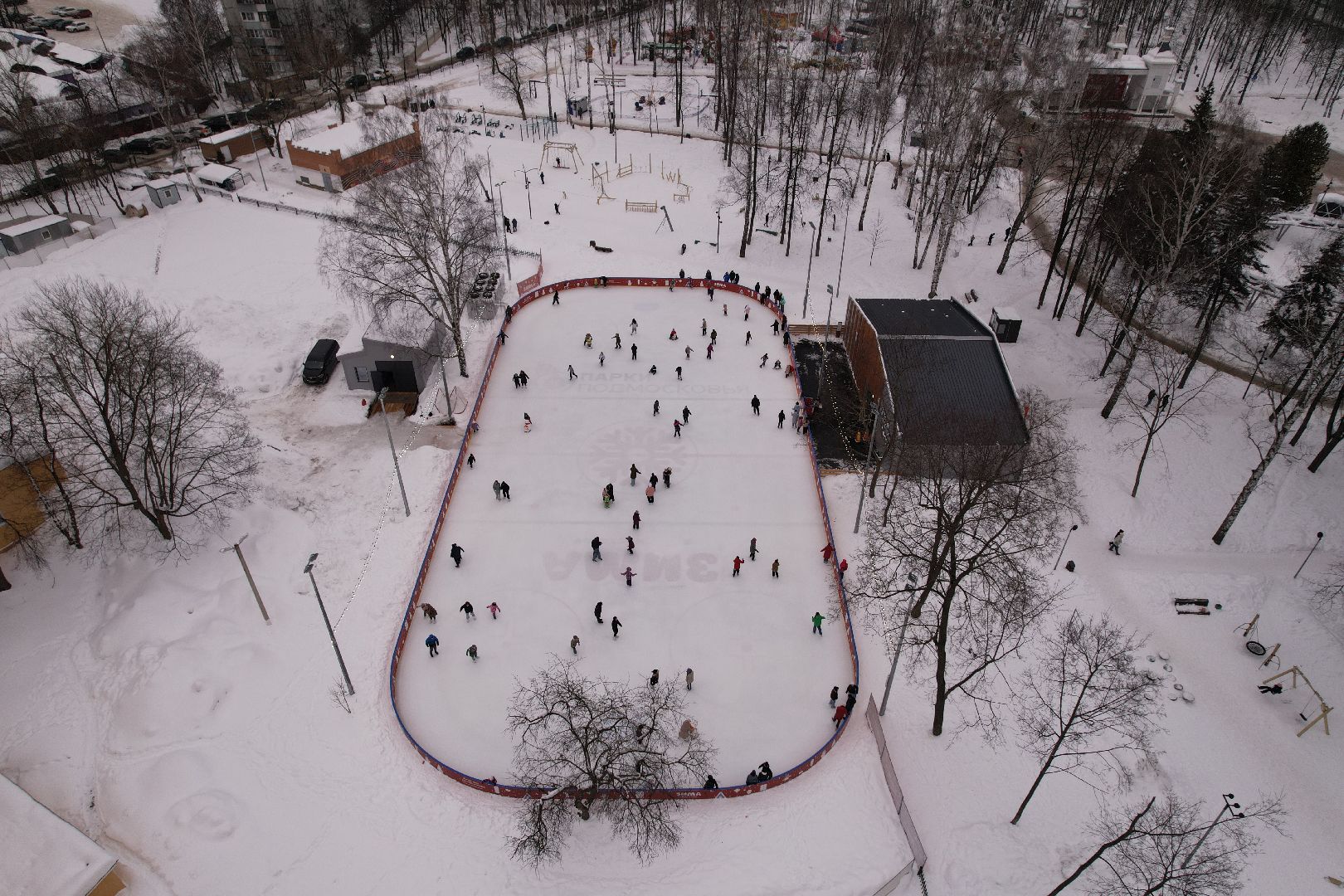 видео с коптера, каток, благоустройство, пушкино, зима в подмосковье,