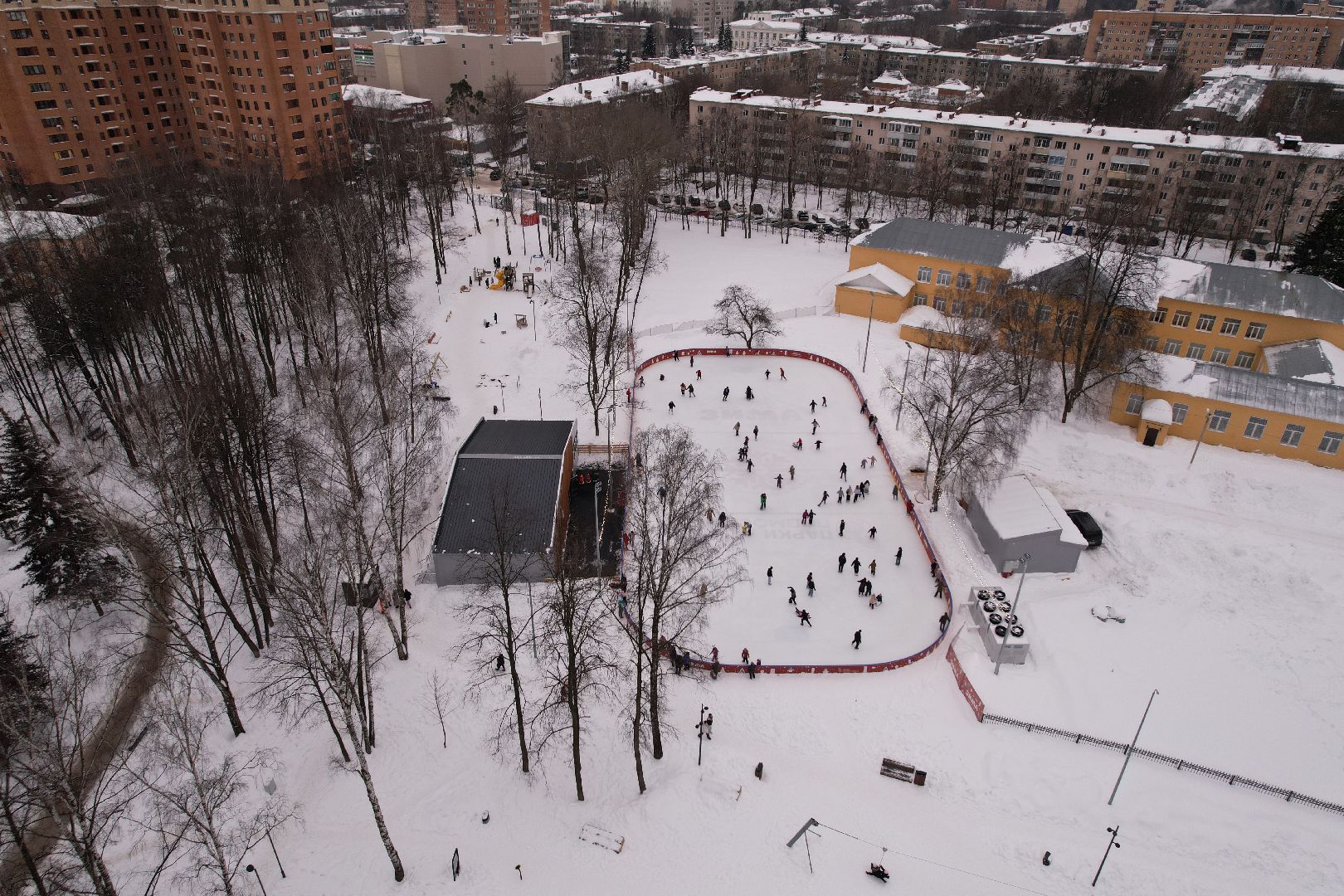 видео с коптера, каток, благоустройство, пушкино, зима в подмосковье,