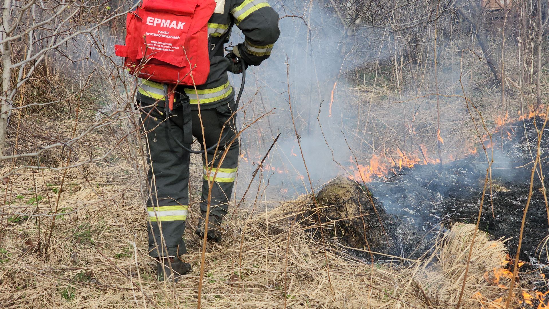 кашира, баскачи, горки, мособлпожспас, пожар, пал травы, тушение пожара, противопожарный ранец,