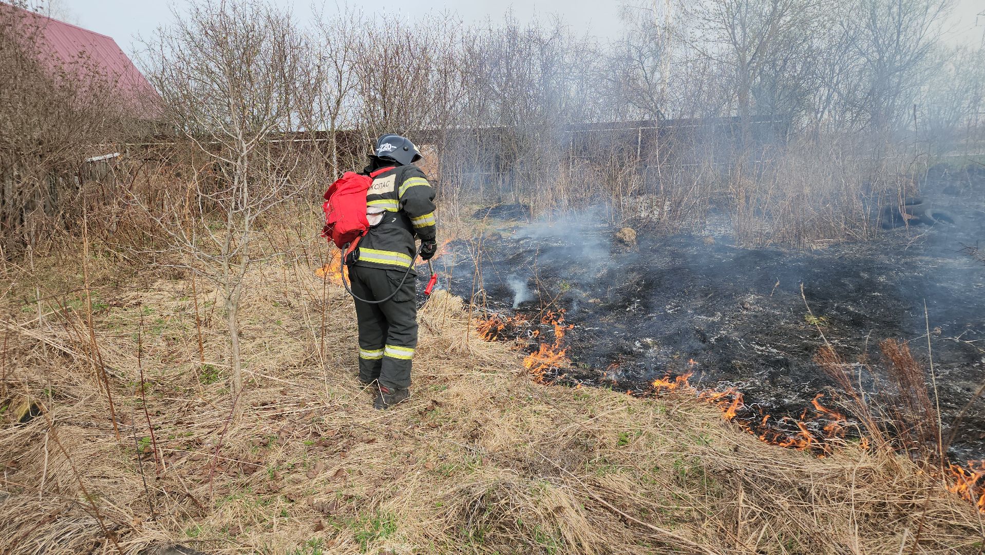 кашира, баскачи, горки, мособлпожспас, пожар, пал травы, тушение пожара, противопожарный ранец,