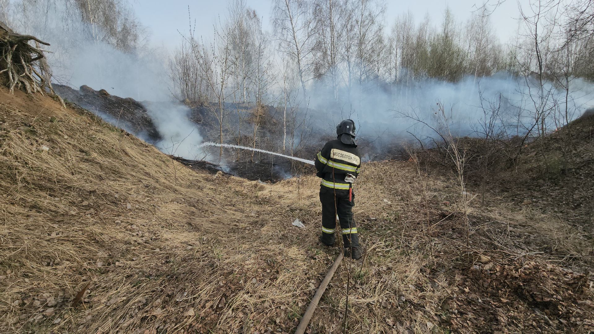 кашира, баскачи, горки, мособлпожспас, пожар, пал травы, тушение пожара, противопожарный ранец,