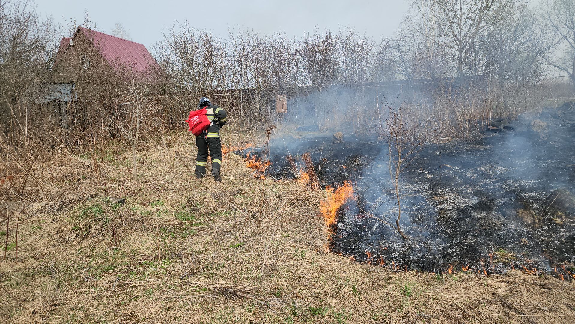 кашира, баскачи, горки, мособлпожспас, пожар, пал травы, тушение пожара, противопожарный ранец,