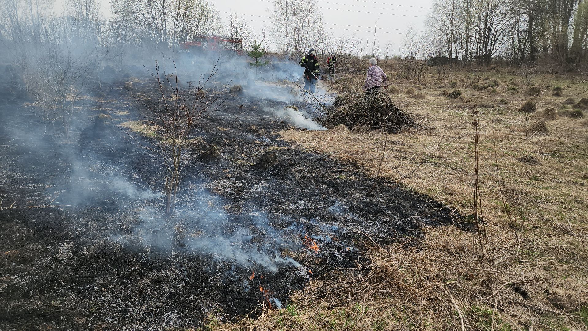 кашира, баскачи, горки, мособлпожспас, пожар, пал травы, тушение пожара, противопожарный ранец,