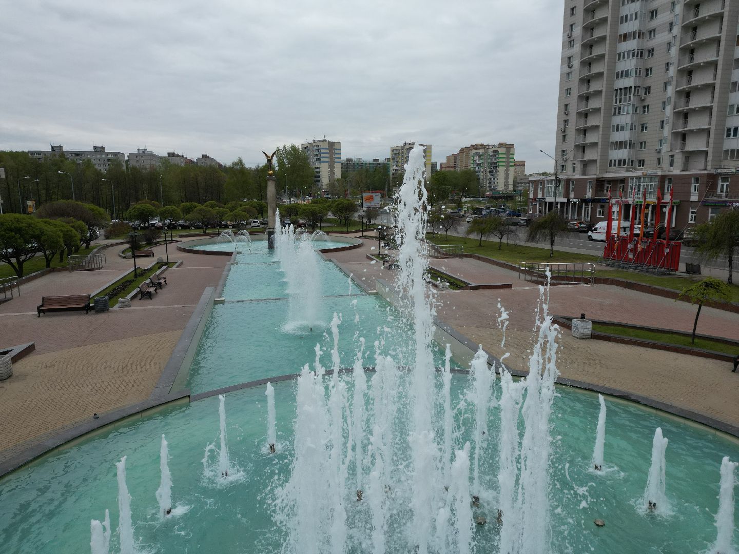 пушкино, фонтан, видео с коптера,