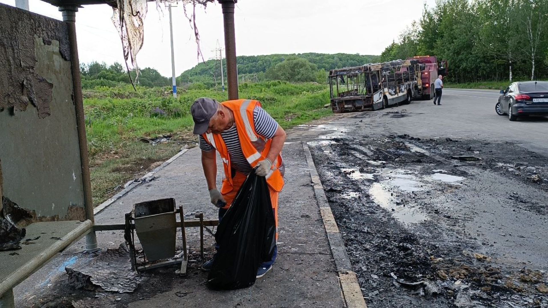 пожар, дорога, автобус,