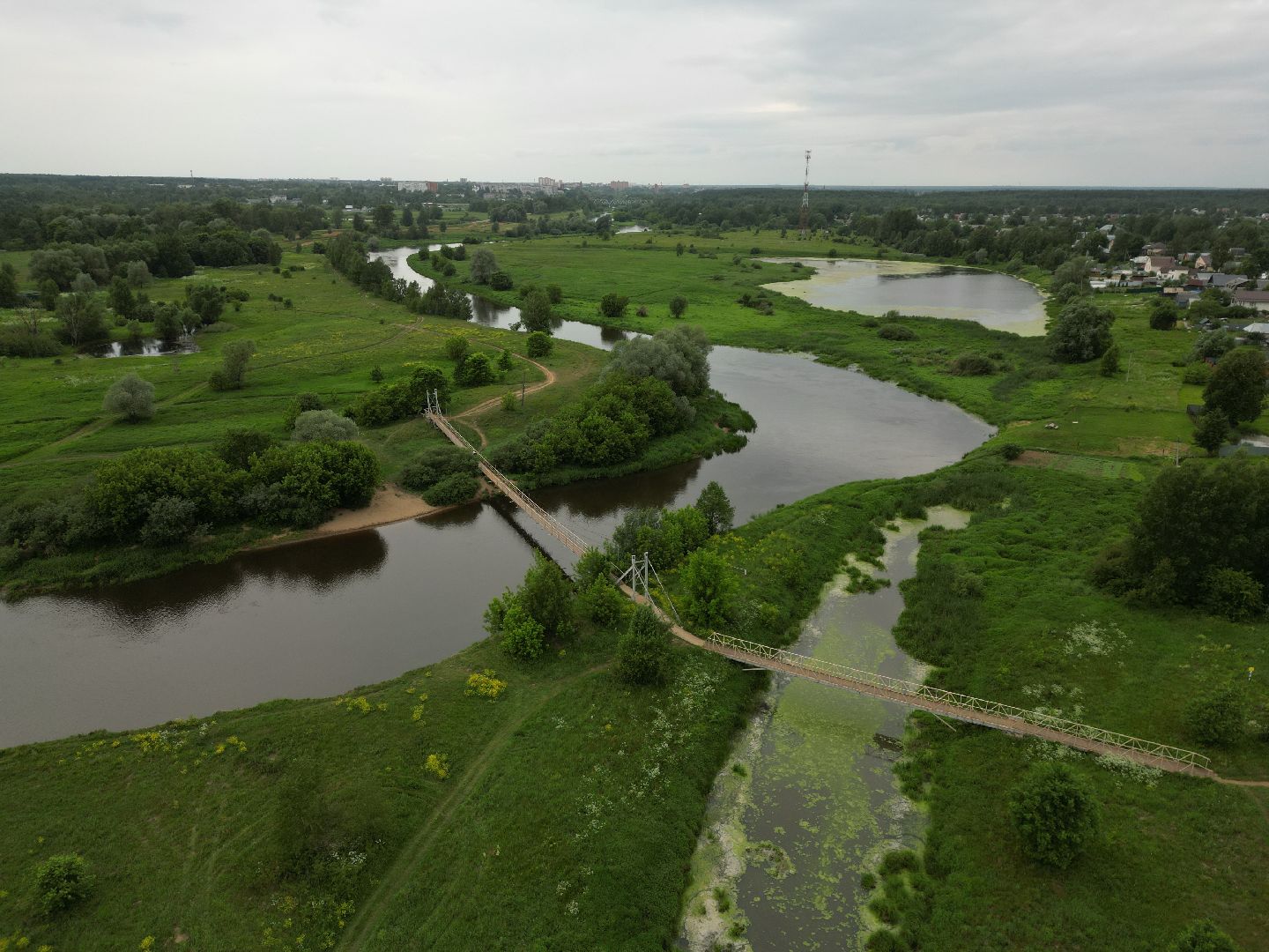 видео с коптера, мост, деревня,