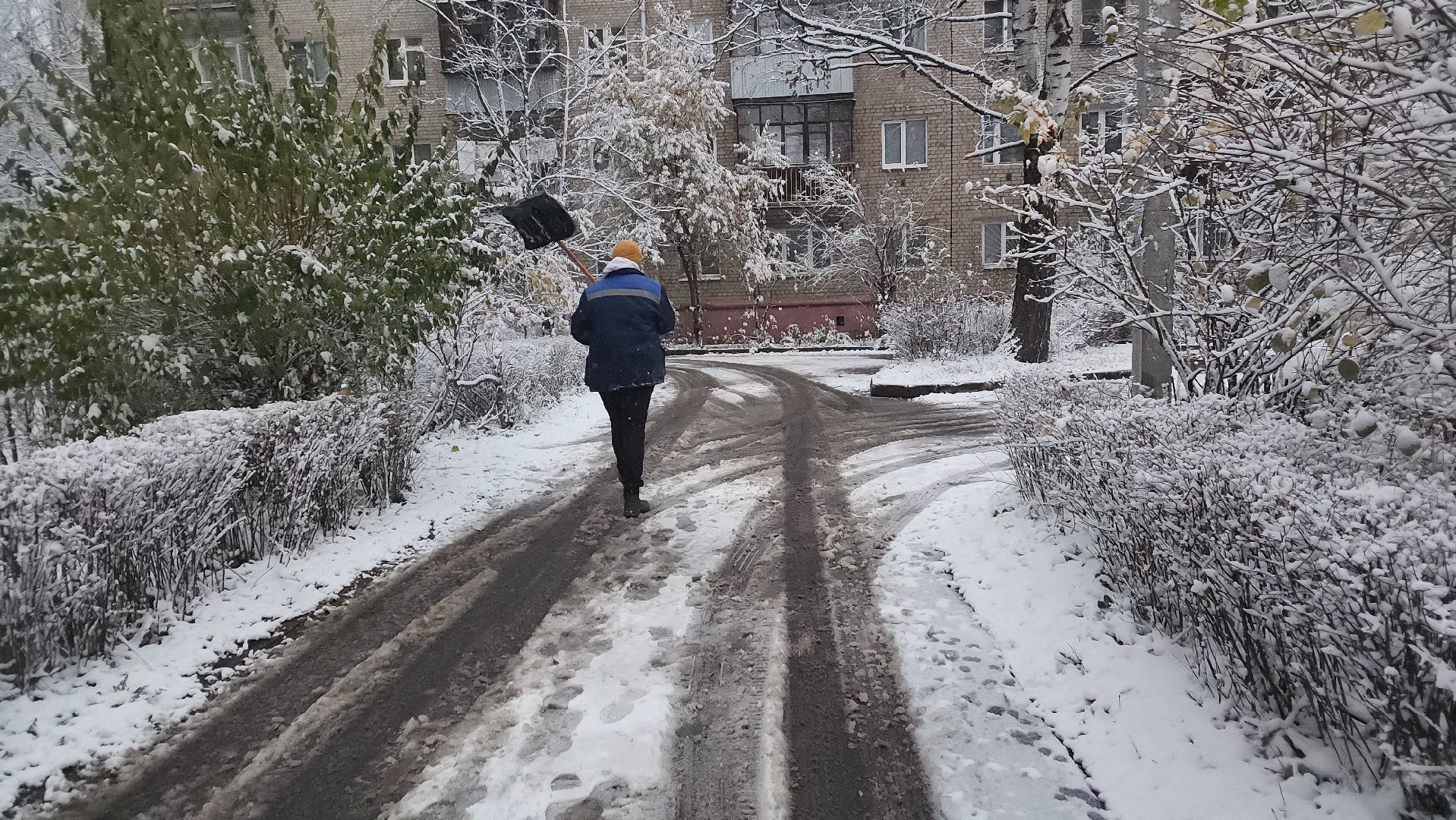 пушкино, первый снег, уборка снега, трактор, рабочие, лопаты, погода, вертикалки