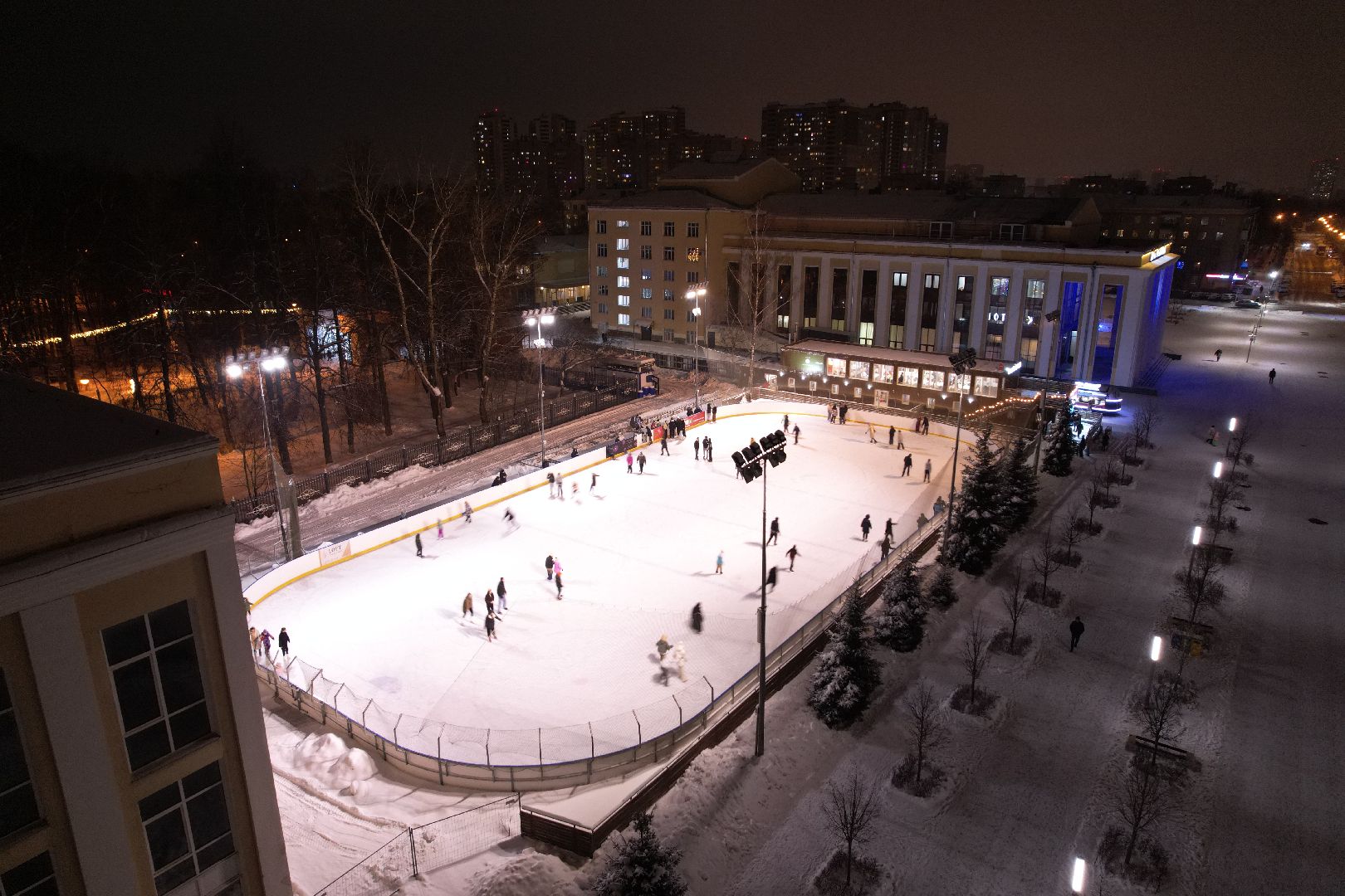 видео с коптера, зима в подмосковье, каток, королёв,