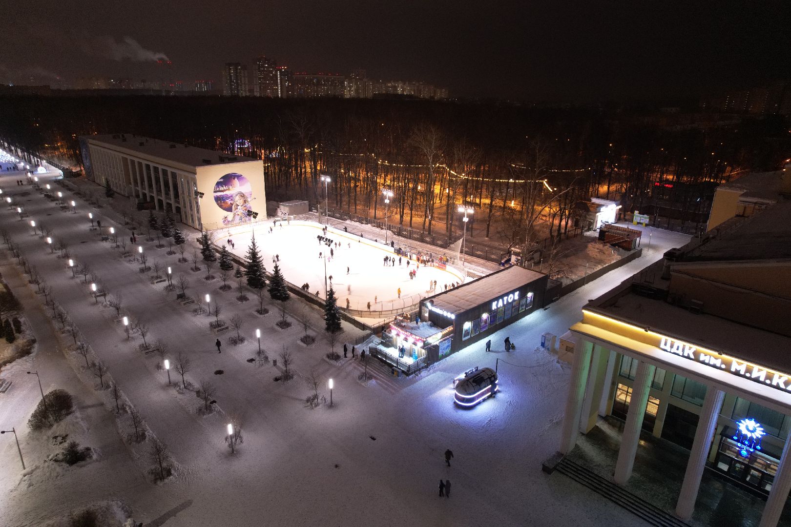 видео с коптера, зима в подмосковье, каток, королёв,