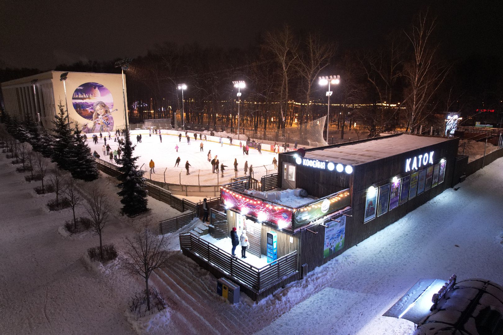 видео с коптера, зима в подмосковье, каток, королёв,