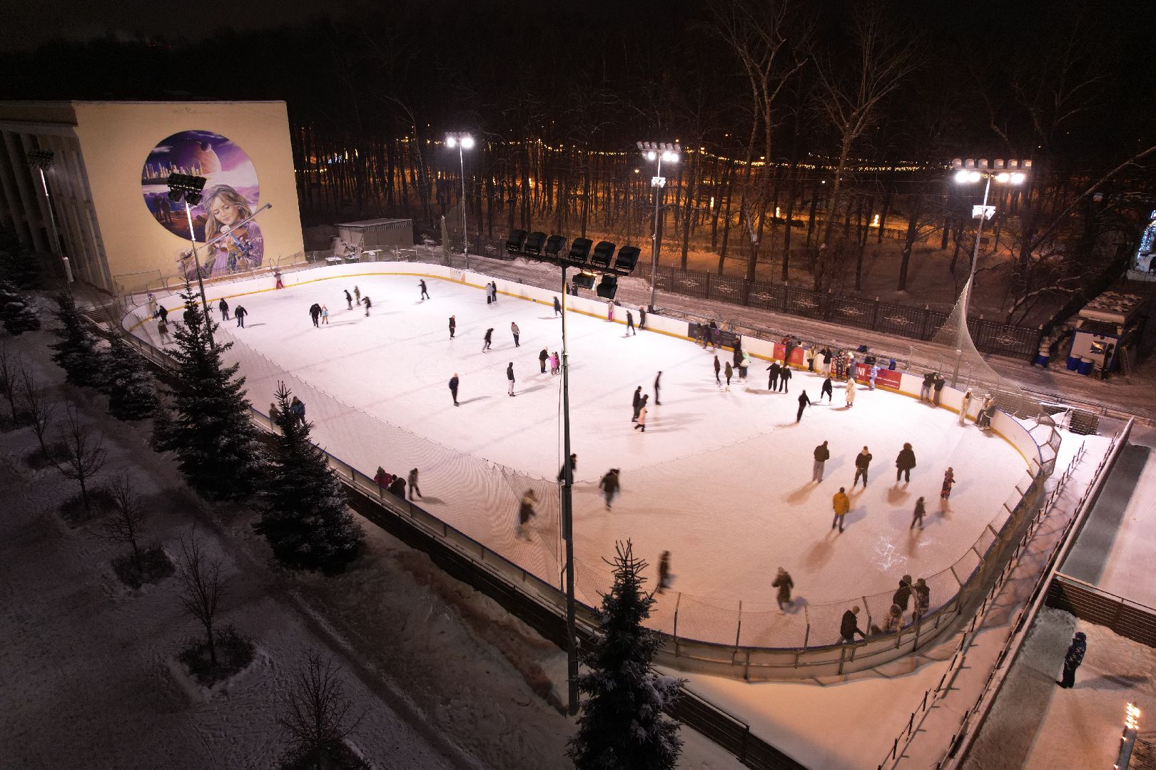 видео с коптера, зима в подмосковье, каток, королёв,