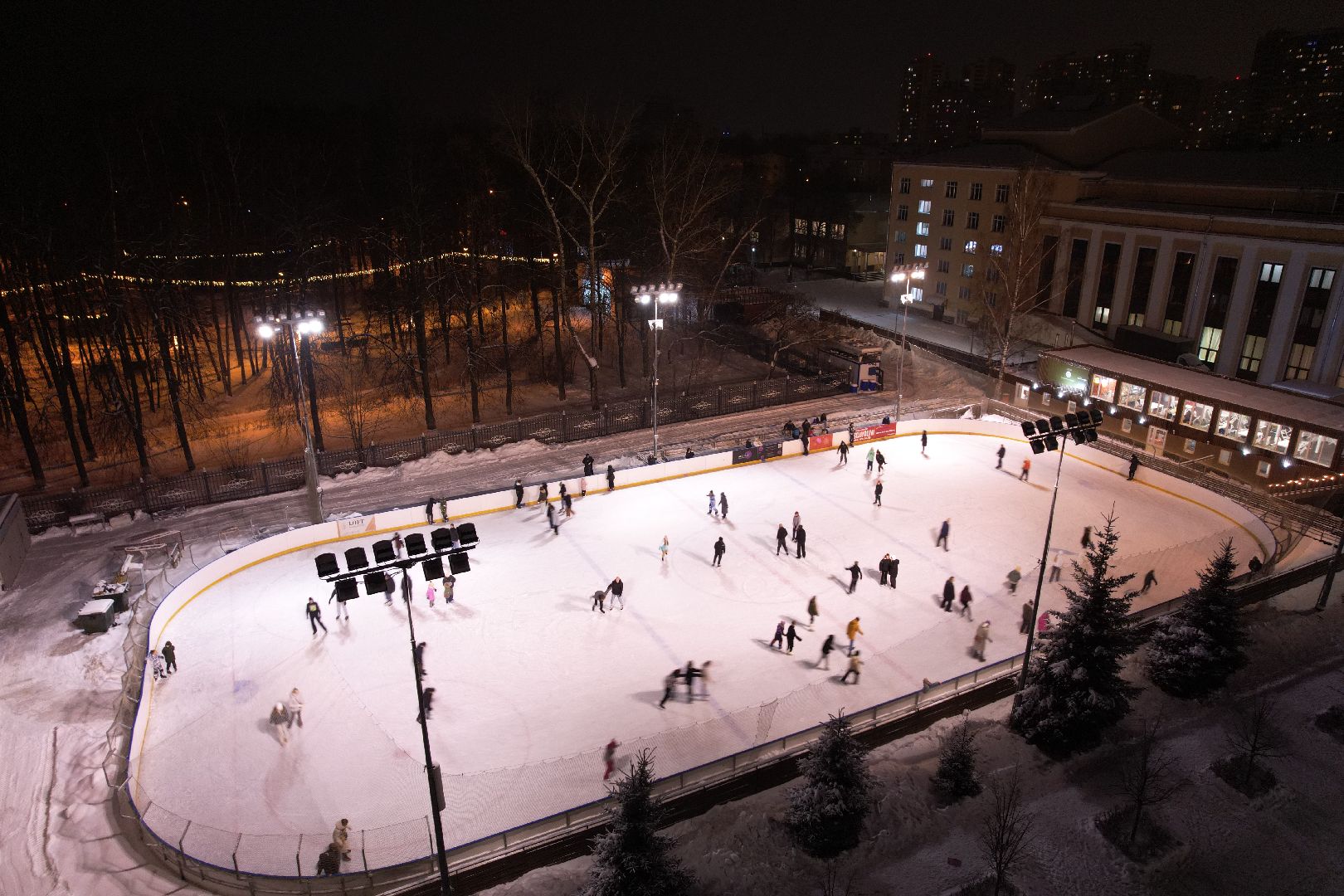 видео с коптера, зима в подмосковье, каток, королёв,
