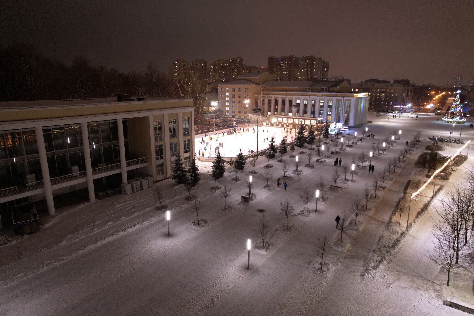 видео с коптера, зима в подмосковье, каток, королёв,