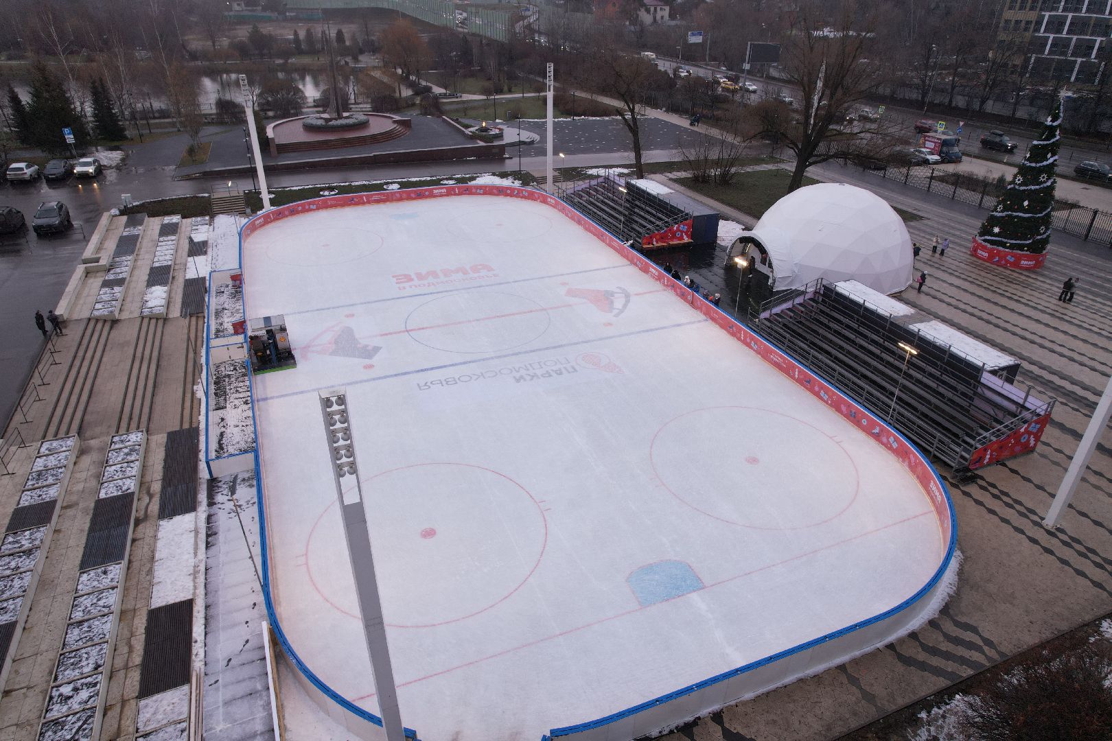 видео с коптера, мытищи, каток, зима в подмосковье,