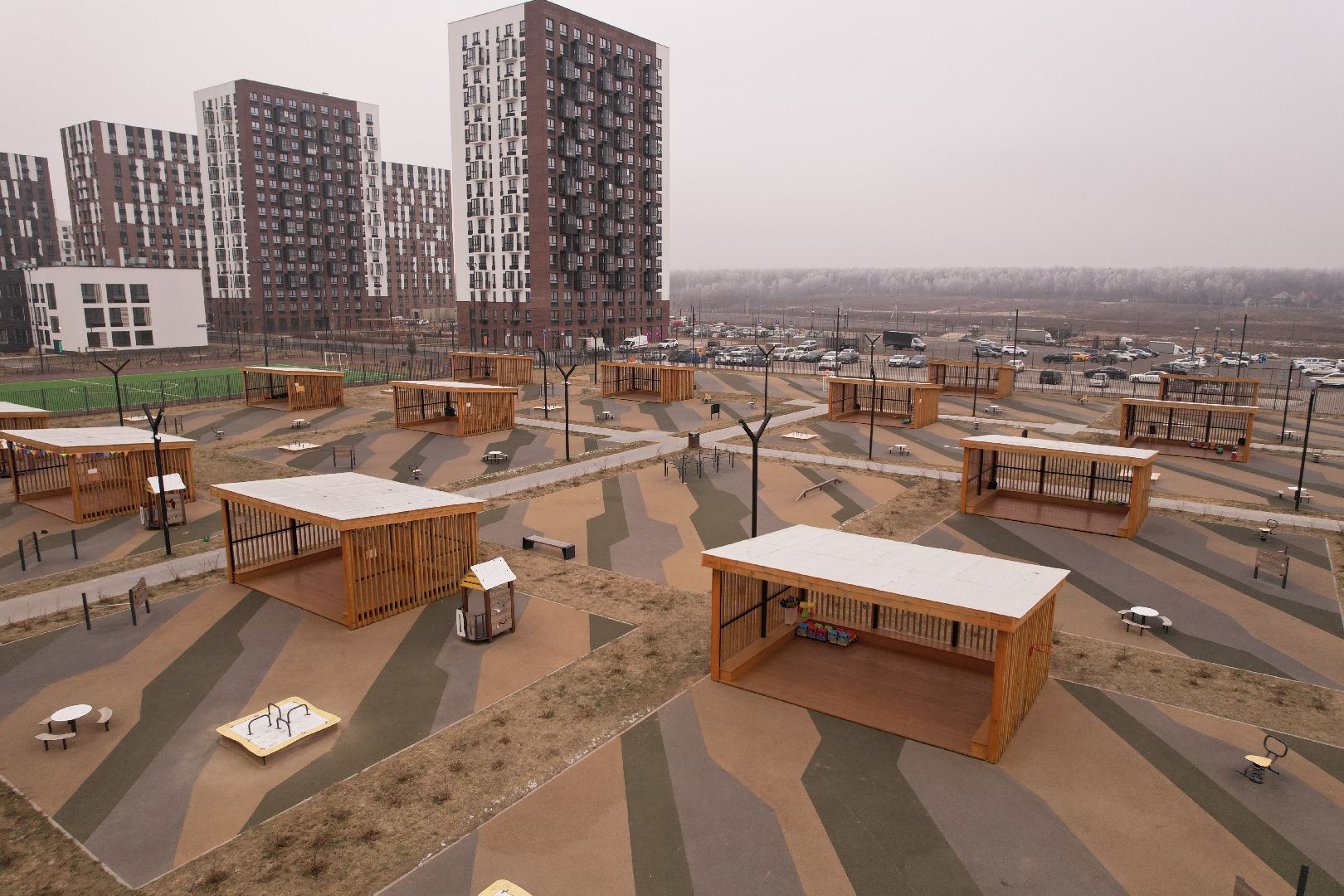 видео с коптера, жк пригород лесное, детский сад, строительство,