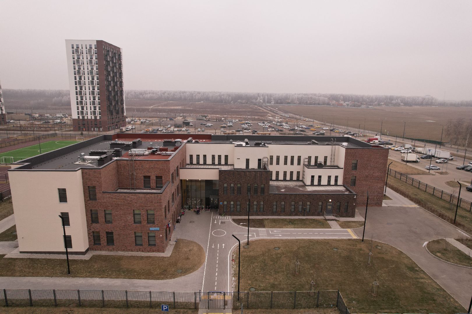 видео с коптера, жк пригород лесное, детский сад, строительство,